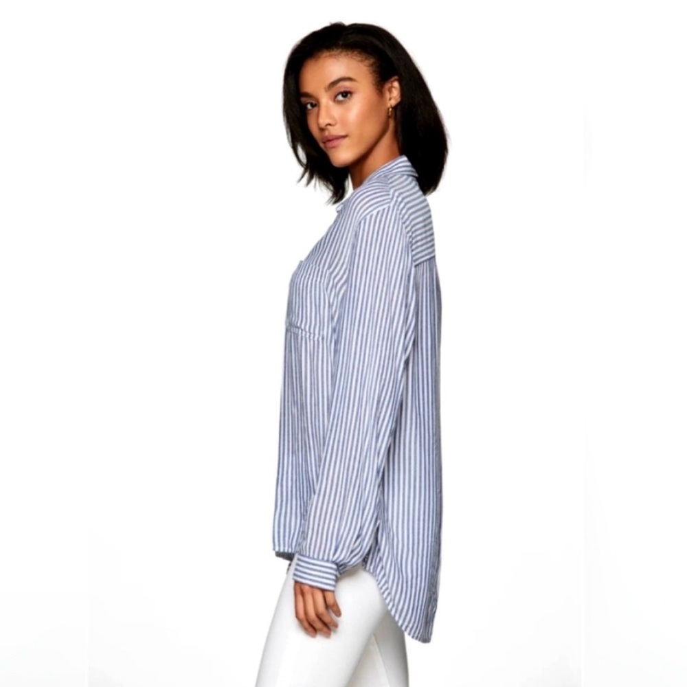 beachlunchlounge Blue-Grey & White Stripe Rayon Button Down Boyfriend Shirt S/P - Picture 4 of 14